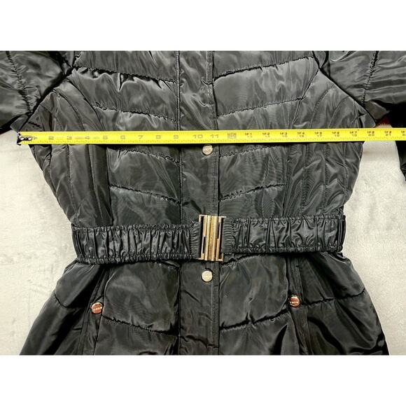Bebe Long Black Puffer Coat Belted Gold Accents Womens L Double Zipper Hooded - Picture 9 of 16